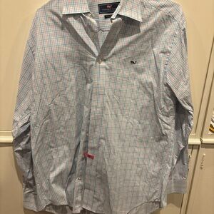 Vineyard Vines Men's Light Blue and Pink Plaid Shirt